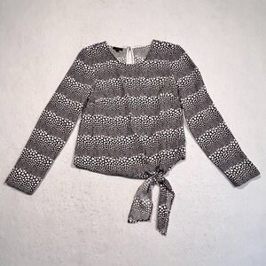 Talbots Top Blouse Tie Front Long Sleeve Pebble Print Black‎ White Women's XS